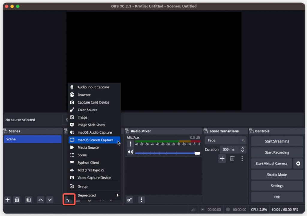 OBS Sources menu